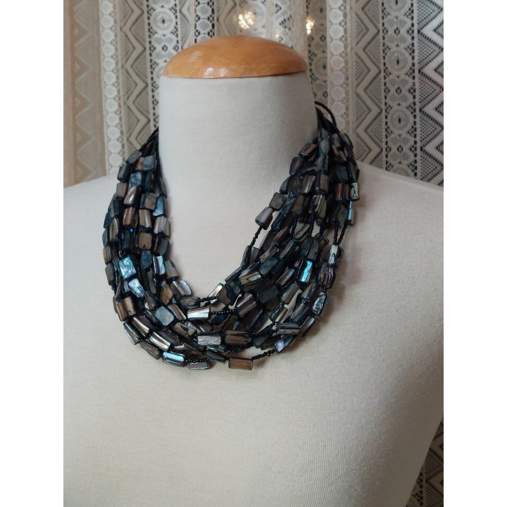 1990s NENA Necklace Peacock Black Mother of Pearl Multi Strand Bib Vintage Boho